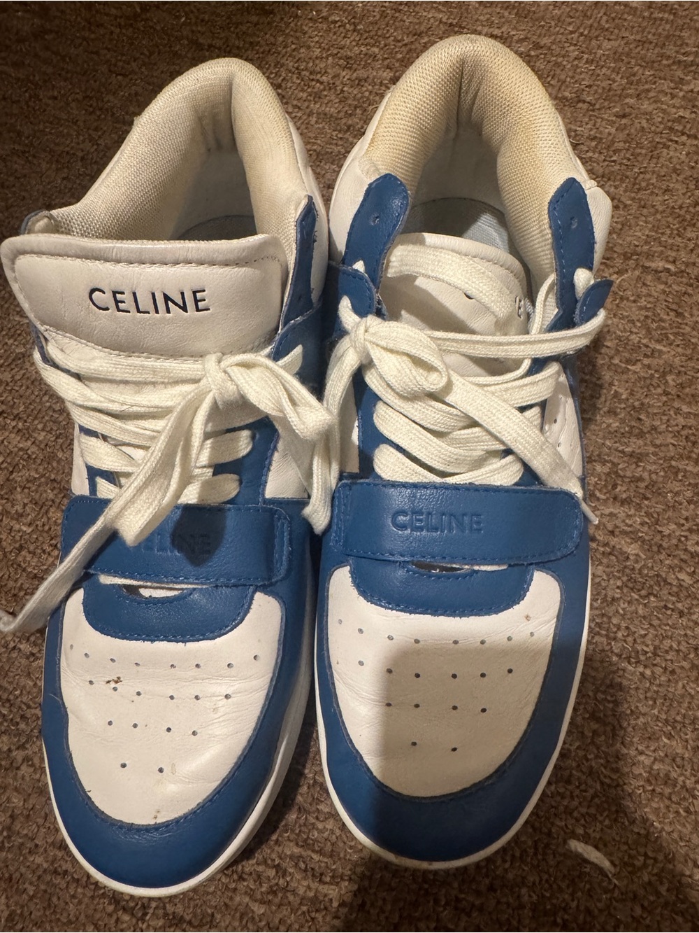 Celine White and Blue Leather High-Top Sneakers